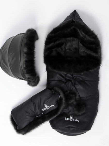 Winter set for stroller- sleepingbag, muff and fur collar for the canopy - BLACK +fur,, BLACK BLING"