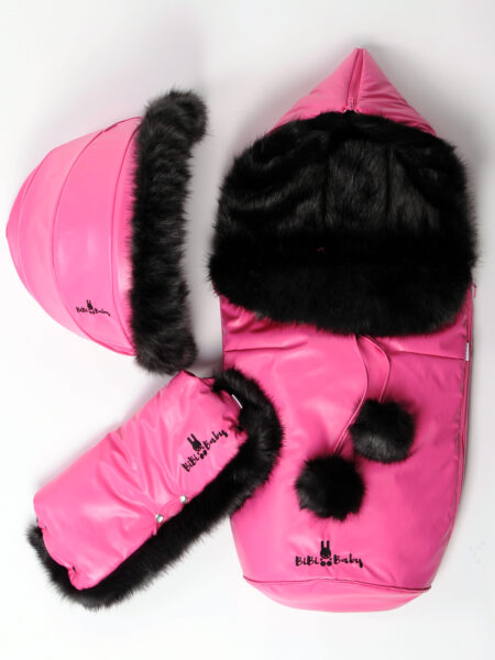 Winter set for stroller, muff and fur collar for the canopy – magenta pink and black medium fur – ,,BLACK BLING” fur
