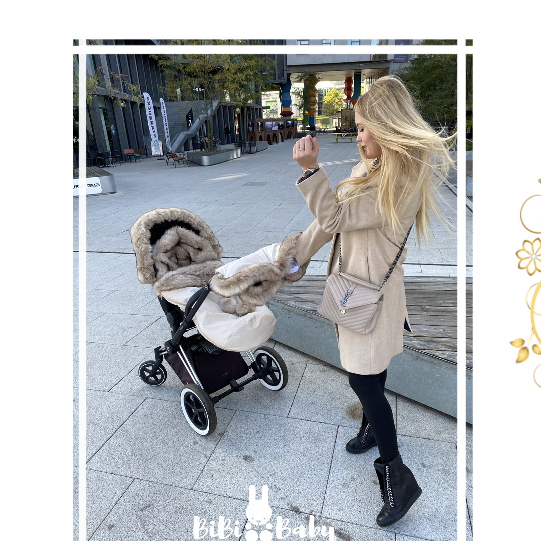 Winter set for stroller, muff and fur collar for the canopy – beige and medium long fur – ,,BOMBA” FUR - Image 11