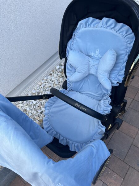 Zestaw do wózka wkładka, poduszka i kocyk -niebieski