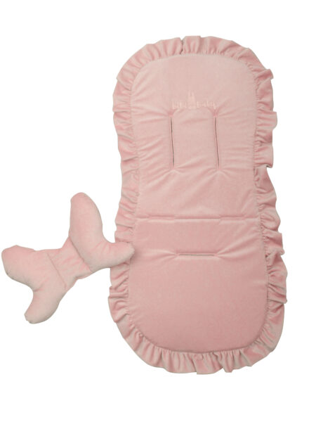 Wkładka do wózka z falbanką pudrowy róż poduszka motylek