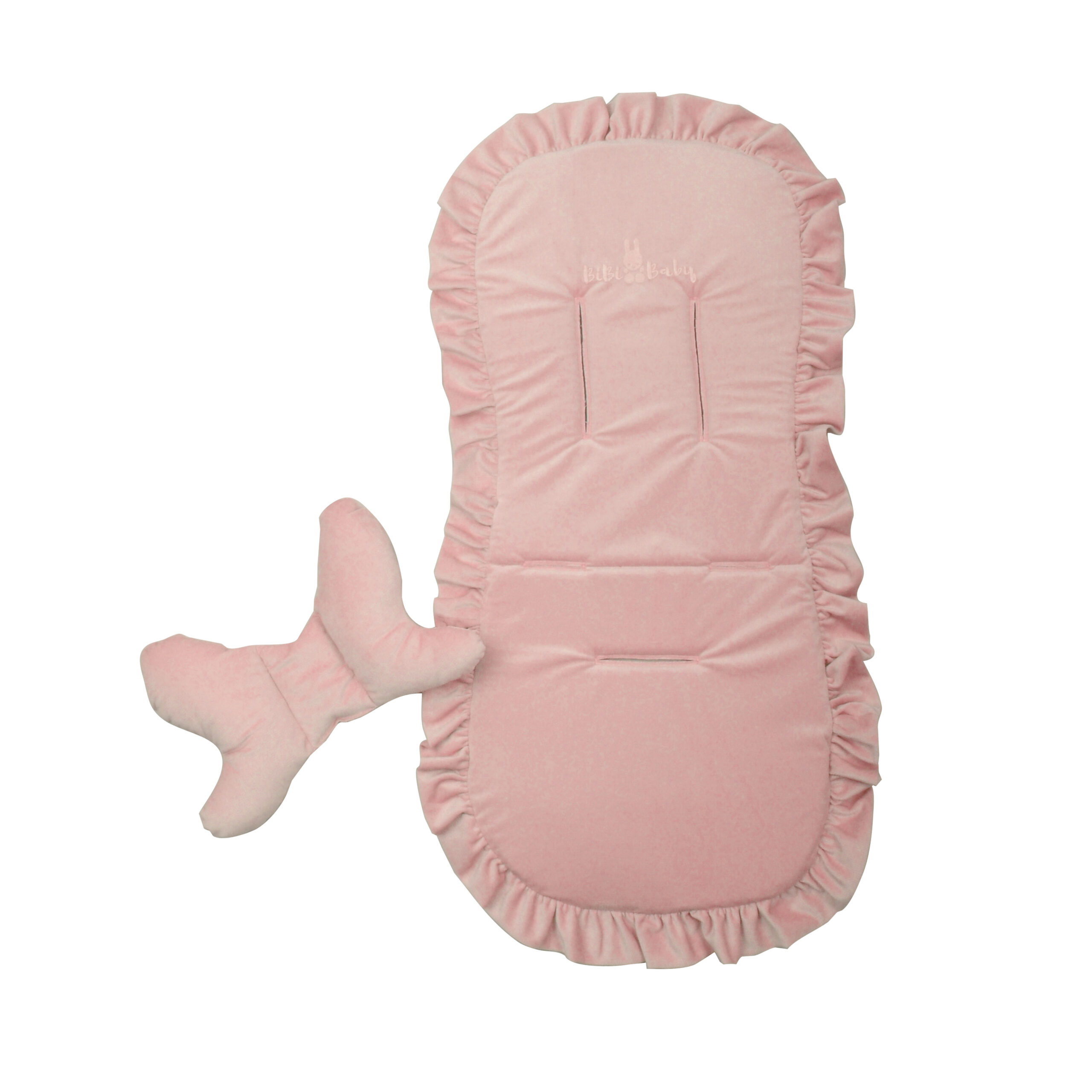 Wkładka do wózka z falbanką pudrowy róż poduszka motylek