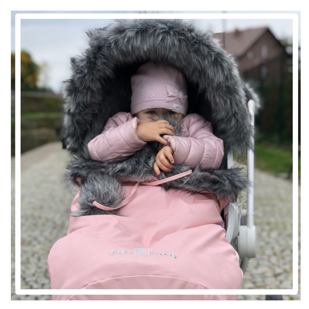 Winter set for stroller- sleepingbag, muff and fur collar for the canopy. Pink + grey fur "Grey Babies" - Image 3