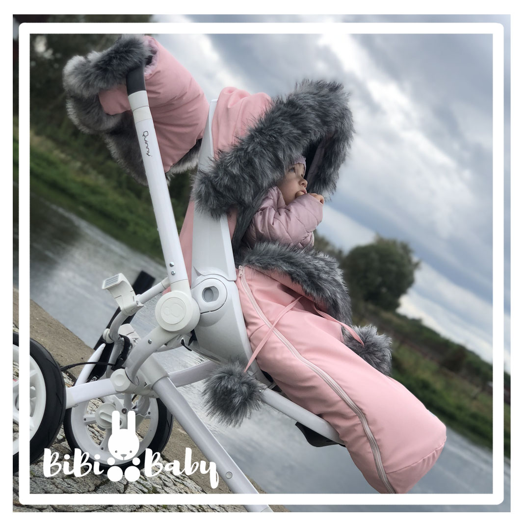 Winter set for stroller- sleepingbag, muff and fur collar for the canopy. Pink + grey fur "Grey Babies" - Image 4
