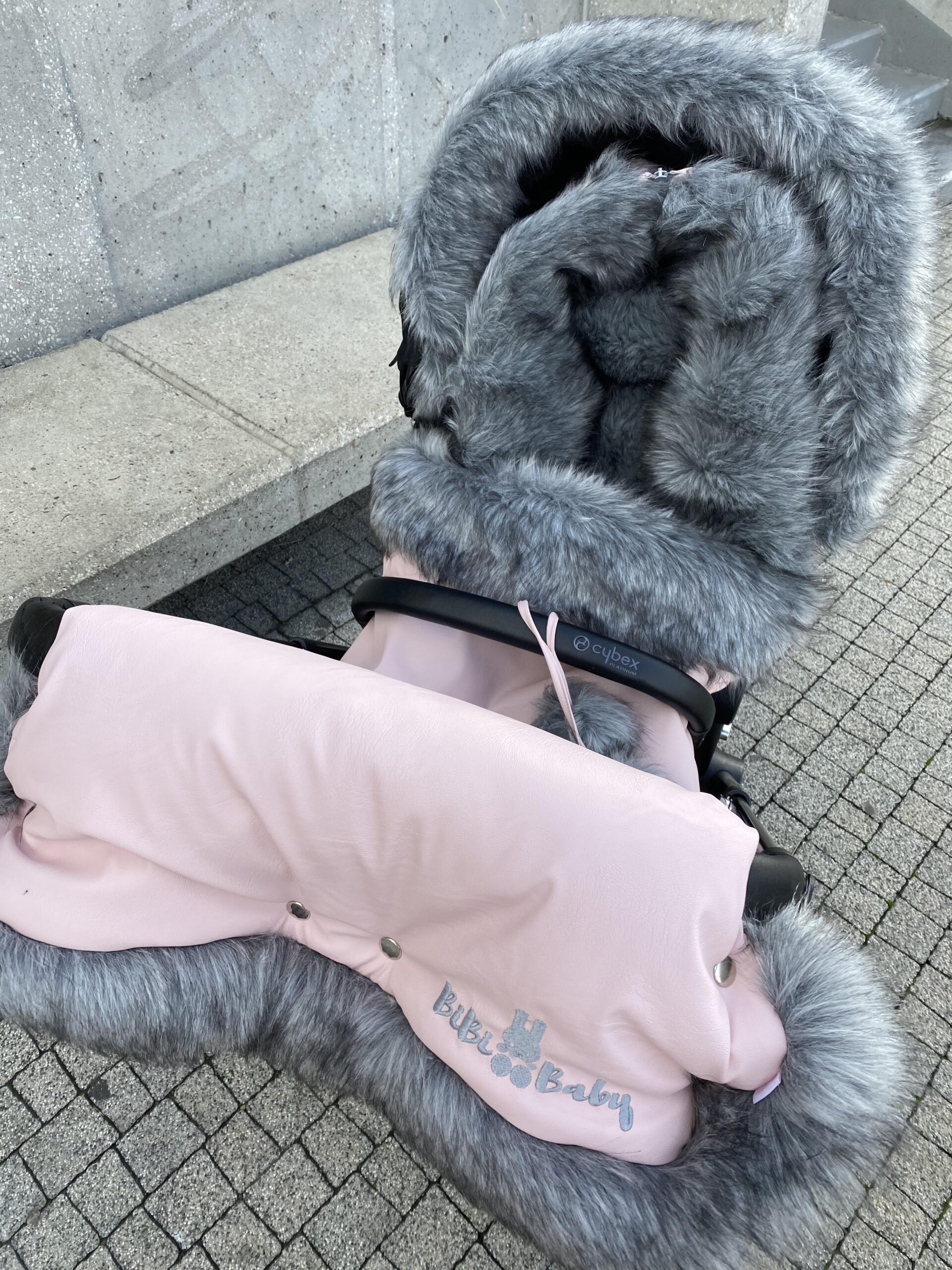 Winter set for stroller- sleepingbag, muff and fur collar for the canopy. Pink + grey fur "Grey Babies"