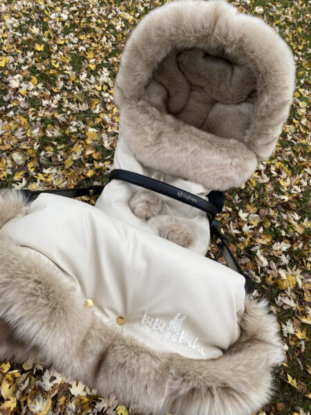 Winter set for stroller, muff and fur collar for the canopy – beige and medium long fur- very luxurious fur – ,,BOMBA DELUXE” FUR