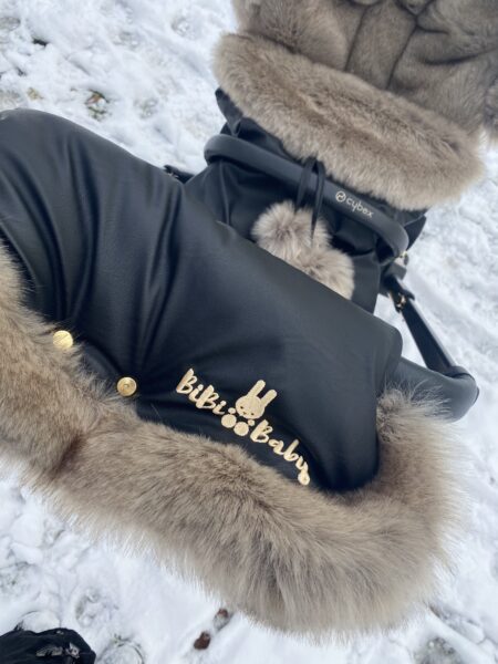 Winter Set For Stroller, Muff And Fur Collar For The Canopy – Black And Medium Long Fur- Very Luxurious Fur – ,,BOMBA Royal” FUR