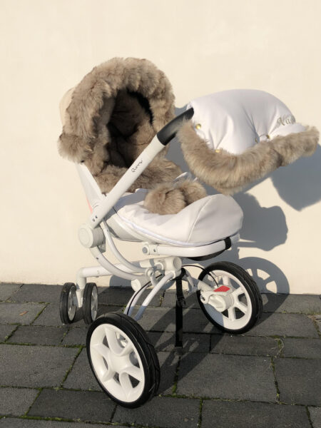 Winter set for stroller, muff and fur collar for the canopy – white and medium long fur - very luxurious fur – ,,BOMBA DELUXE” FUR