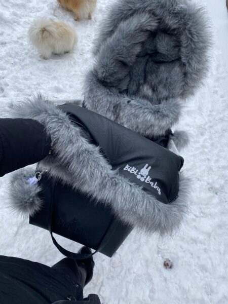 Mufka- czarny+ GRAY BABIES – długie szare futerko