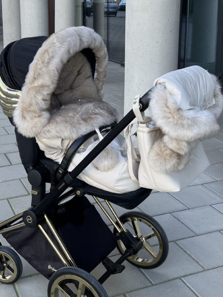 Zestaw zimowy śpiworek, mufka oraz futrzany kołnierz na budkę- beżowy + futerko BOMBA DELUXE