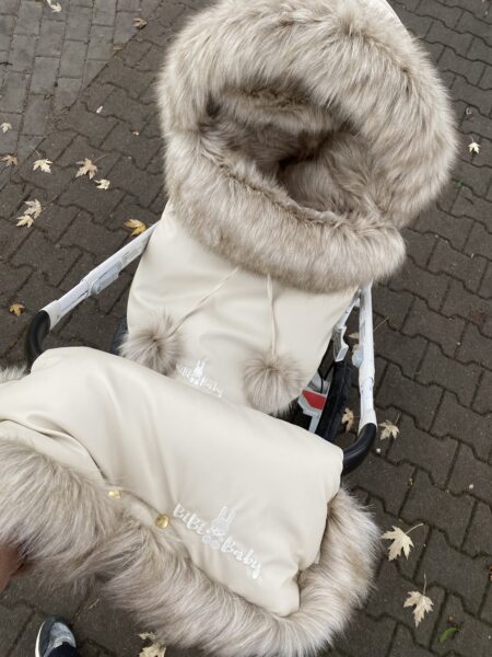 Zestaw zimowy śpiworek, mufka oraz futrzany kołnierz na budkę- beżowy + futerko "Capuccino"