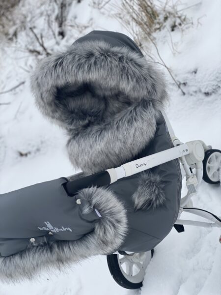 Zestaw zimowy śpiworek, mufka oraz futrzany kołnierz na budkę-szary+ futerko "Grey Babies"