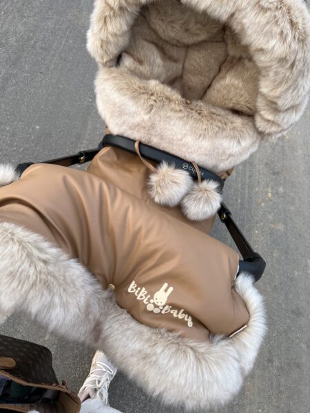 Zestaw zimowy śpiworek, mufka oraz futrzany kołnierz na budkę- karmelowy + futerko BOMBA DELUXE