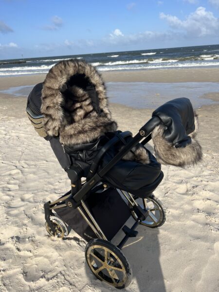 Zestaw zimowy śpiworek, mufka oraz futrzany kołnierz na budkę- czarny + futerko „Dark Brown”