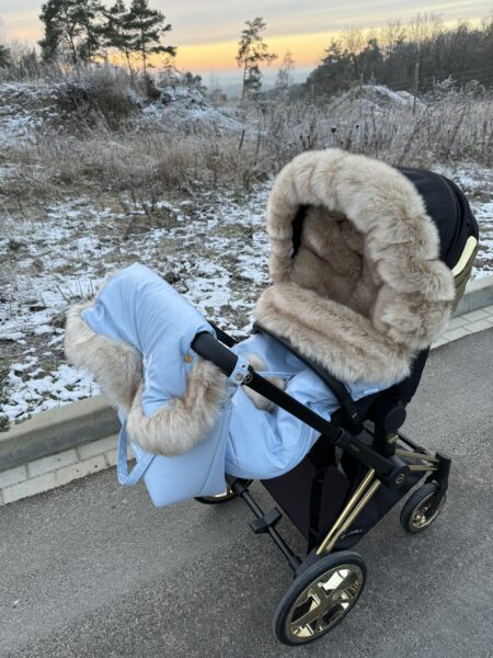 Zestaw zimowy śpiworek, mufka oraz futrzany kołnierz na budkę- niebieski + futerko BOMBA DELUXE