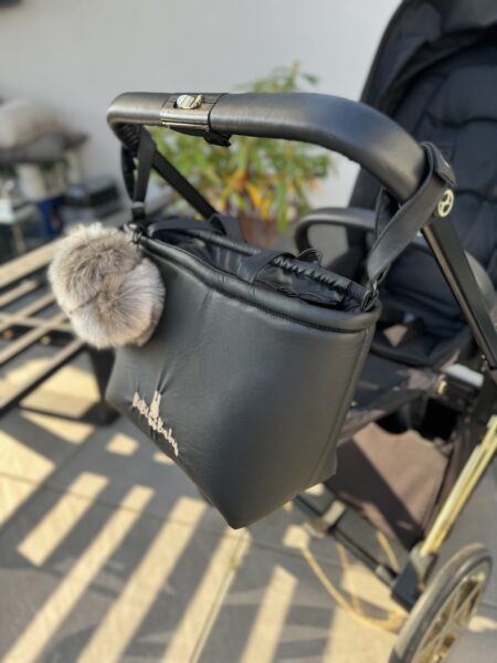 Bag for a baby stroller- black and  keychain with three pompoms