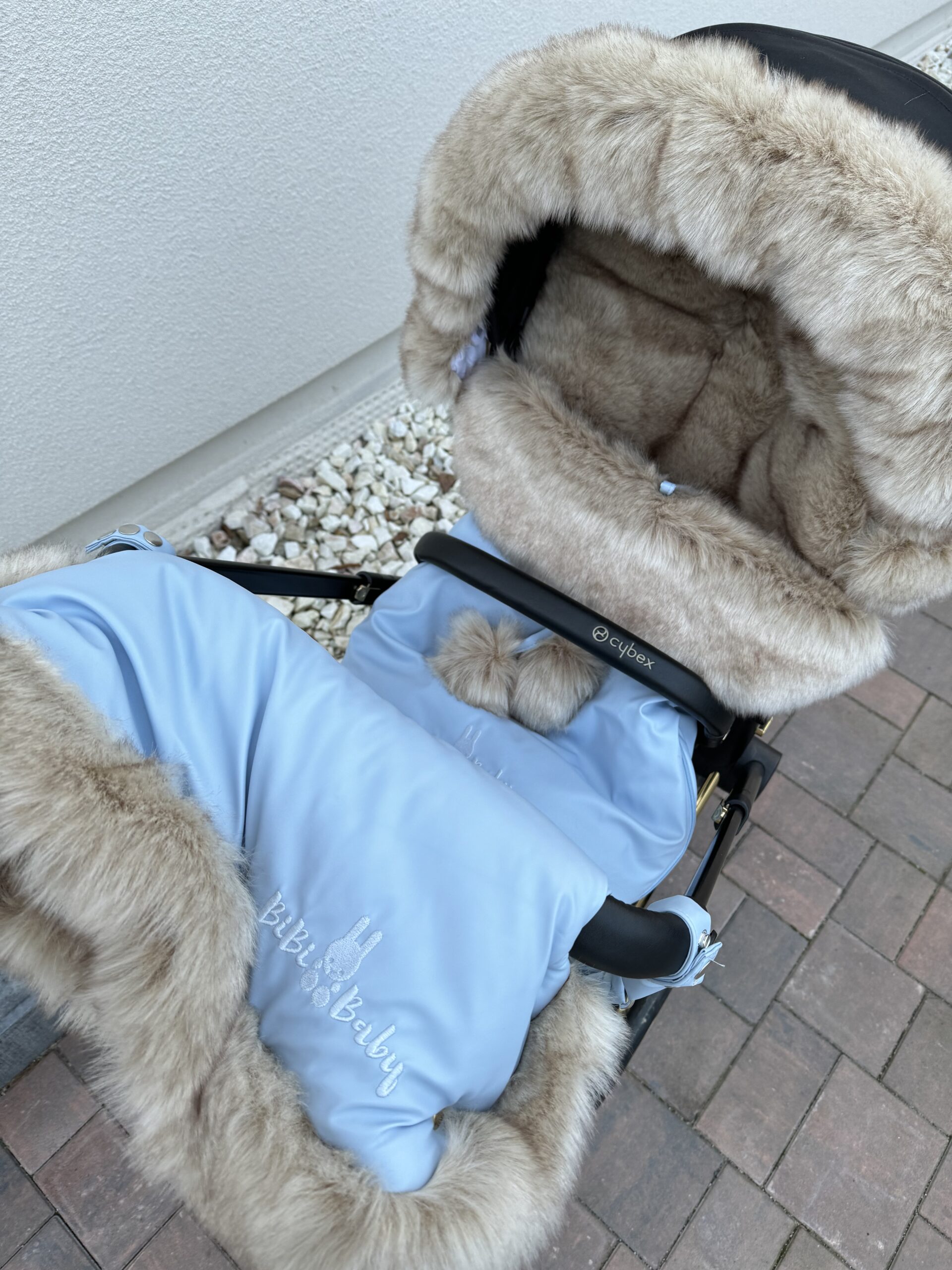 Winter set for stroller, muff and fur collar for the canopy – blue and medium long fur- very luxurious fur – ,,BOMBA DELUXE” FUR - Image 6