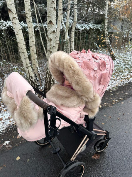 Footmuff/Sleeping Bag For Stroller – Pink And Medium Long Fur- Very Luxurious Fur – ,,BOMBA DELUXE” FUR