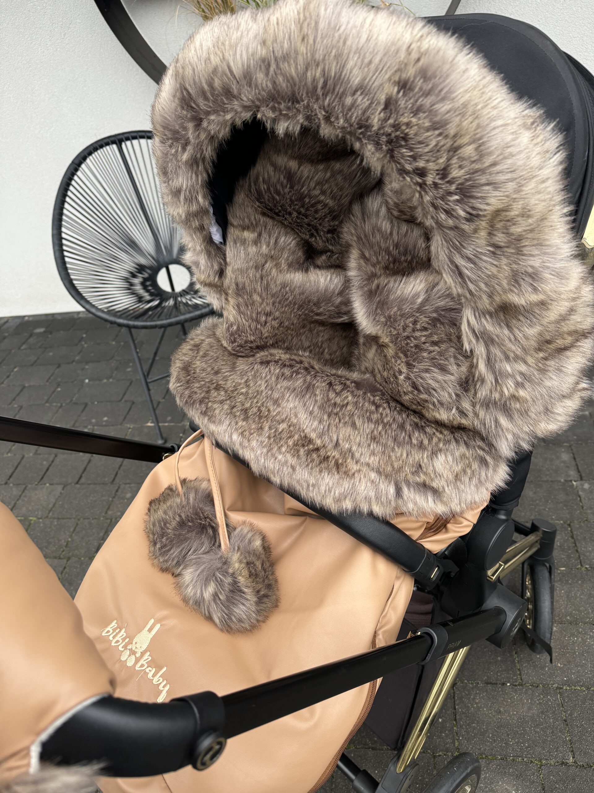 Winter Set For Stroller, Muff And Fur Collar For The Canopy – Caramel And Medium Long Fur- Very Luxurious Fur – ,,BOMBA Choco Choco” FUR - Image 2