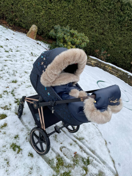Winter Set For Stroller, Muff And Fur Collar For The Canopy – Navy And Medium Long Fur- Very Luxurious Fur – ,,BOMBA Deluxe” FUR
