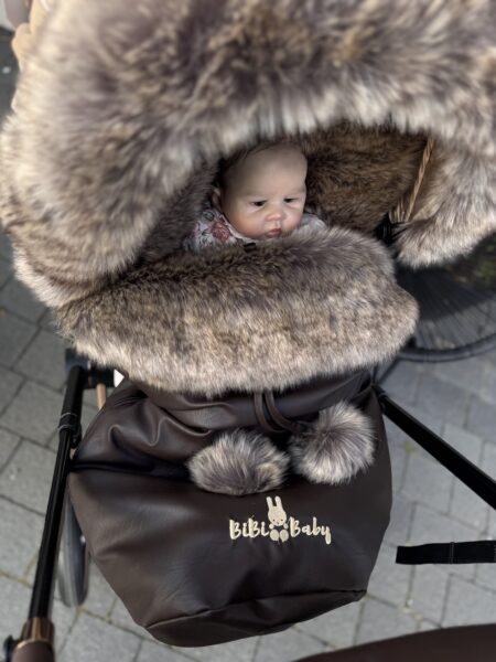 Footmuff/Sleeping Bag For Stroller -Brown And Medium Long Fur- Very Luxurious Fur – ,,BOMBA Choco”